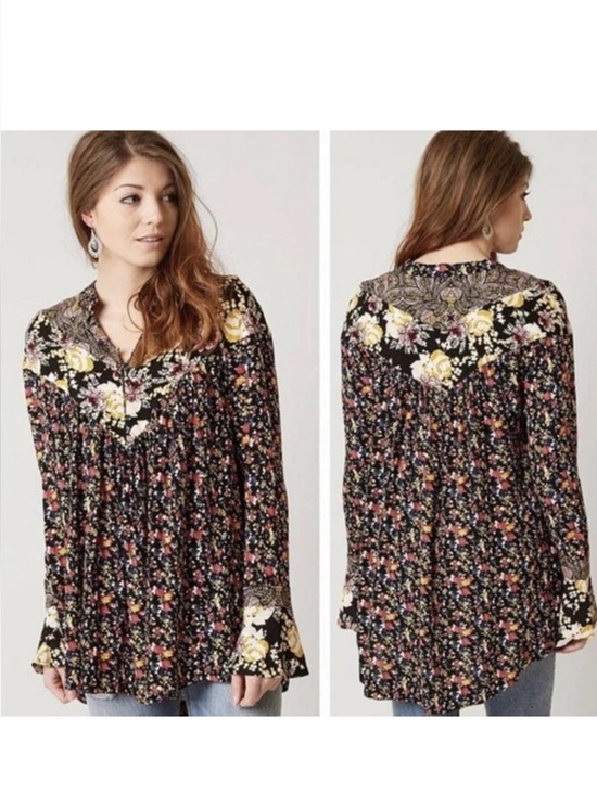 Free People Tops - Free People Black & Mixed Colors Wildflower Fields Boho Mixed Print Tunic Sz Med